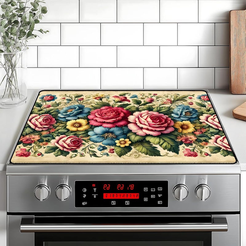 BVBOX Peony Flower Stove Top Cover Retro Flower Gas Stove Top Cover for Home Decoration Kitchen Pad Non-Stick Washable Cooktop Covers Countertop Protector Keep Stove Clean 28"x20" - Image 1